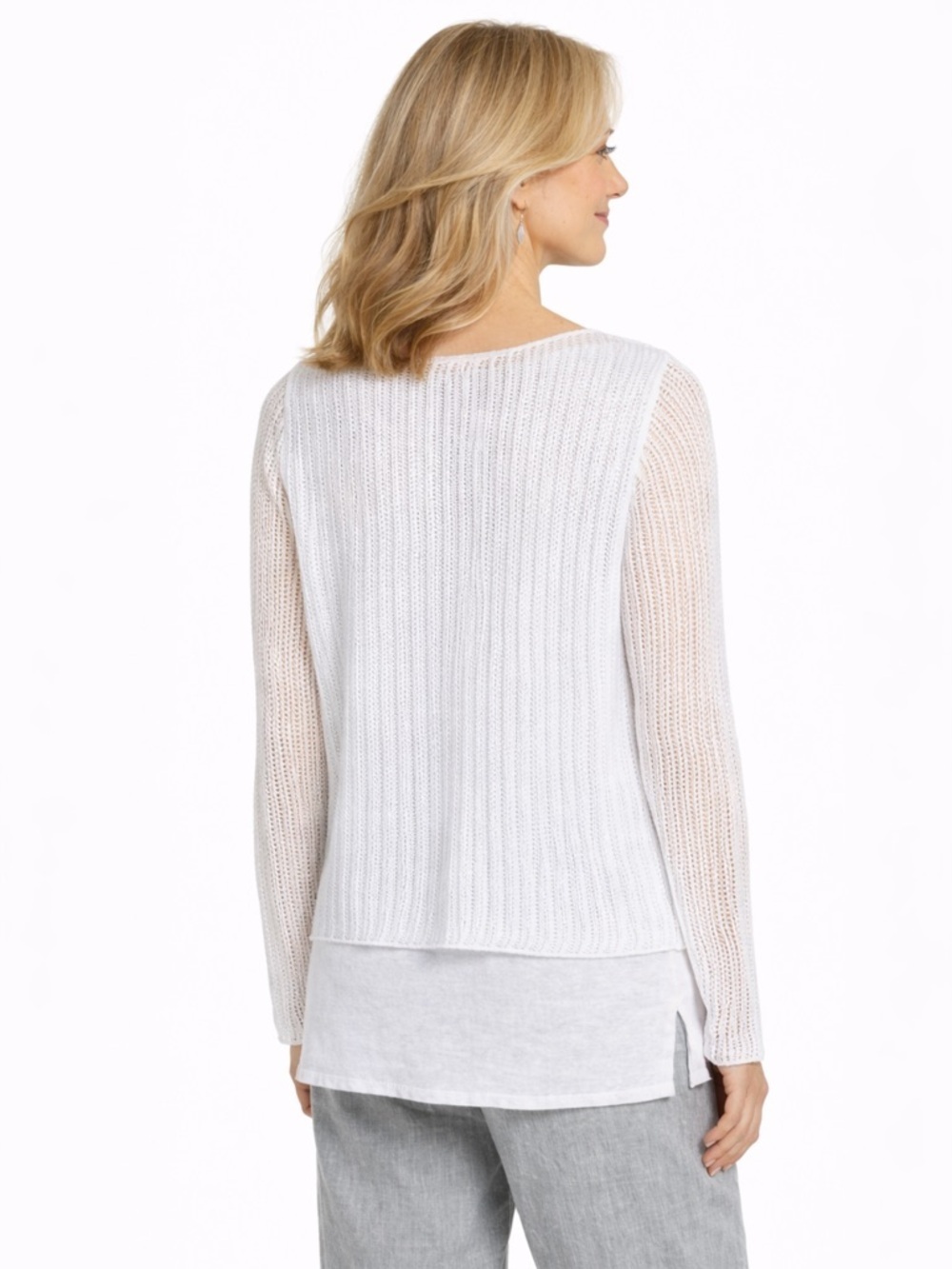 Eileen Fisher Linen Knit Mesh Overlay Tiered Layered Sweater Top White Size XXS - Picture 2 of 12